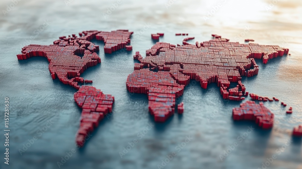 Poster a detailed world map created with textured red material, set against a blurred background, emphasizi