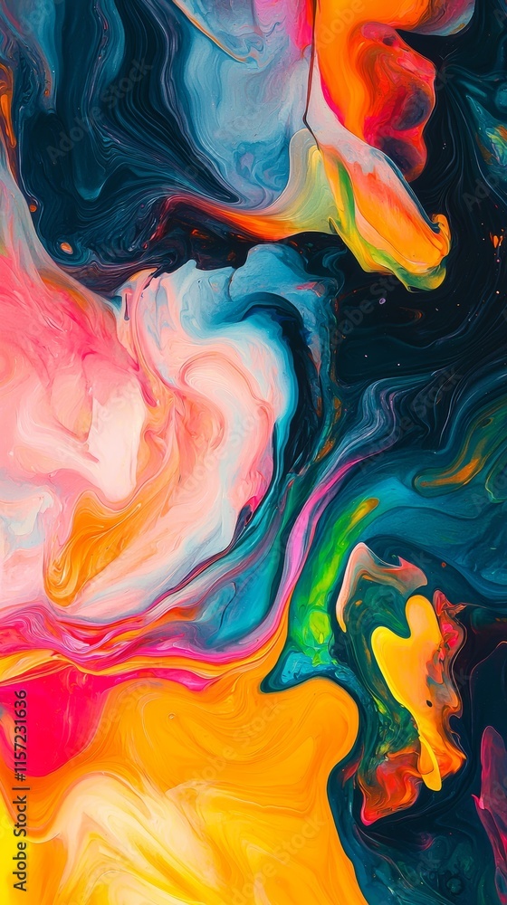 Poster fluid acrylic painting blending vibrant colors, creating a dynamic abstract composition with swirlin