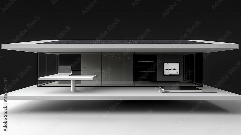 Poster a minimalist architectural model featuring a sleek, modern design with clear surfaces and open space