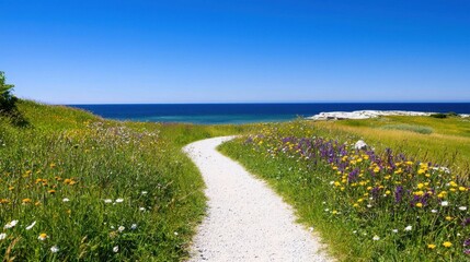Naklejka premium Picturesque path through a blooming meadow under a clear blue sky on a sunny summer day