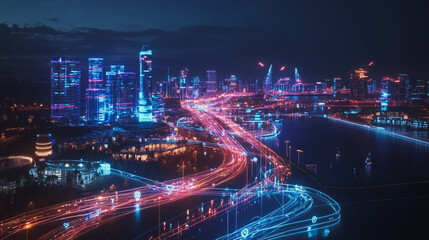 Obraz premium Smart digital Innovation city with connection network reciprocity over the cityscape. of future smart wireless digital city and social media networking systems that connects people with in city