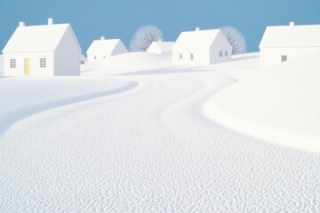 Snowy village square with swirling snowflakes around street corners, creating a magical winter scene. Cozy, detailed, and whimsical atmosphere in natural light.