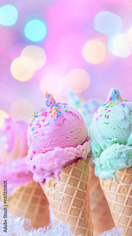 Aufkleber melting ice cream scoops resting in waffle cones create a delightful scene against a vibrant bokeh b