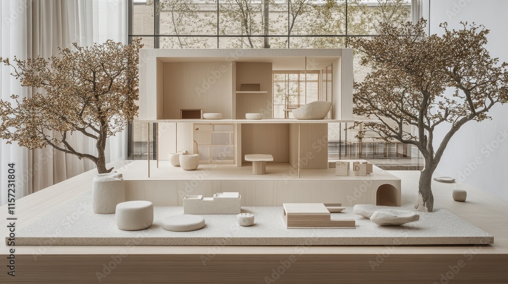 Poster a minimalist architectural model featuring natural materials, set within a serene environment with t