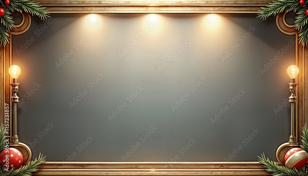 Poster ornate golden frame with art deco style surrounds empty silver background. vintage theater marquee s