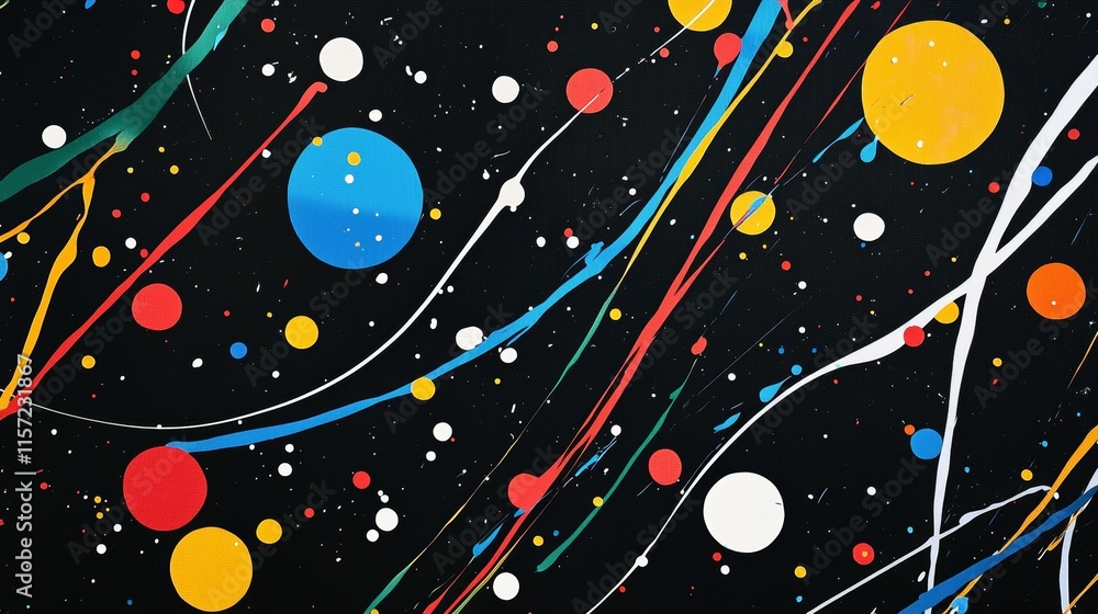 Poster dynamic composition of colorful paint splatters and drops creating an abstract expressionist artwork