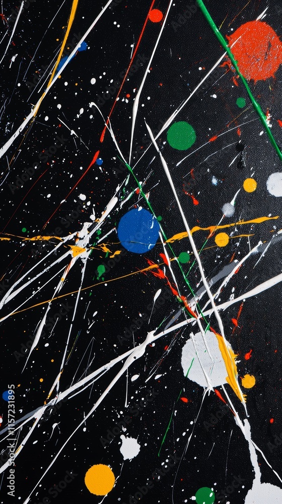 Poster colorful paint splatters and vibrant lines creating an abstract art piece on a black canvas, highlig