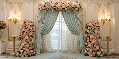Elegant Floral Wedding Arch with Pastel Roses and Luxurious Blue Curtains