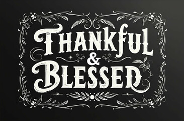 Chalkboard-Style 'Thankful & Blessed' Thanksgiving Typography with Vintage Hand-Drawn Elements. thanksgiving and autumn concept