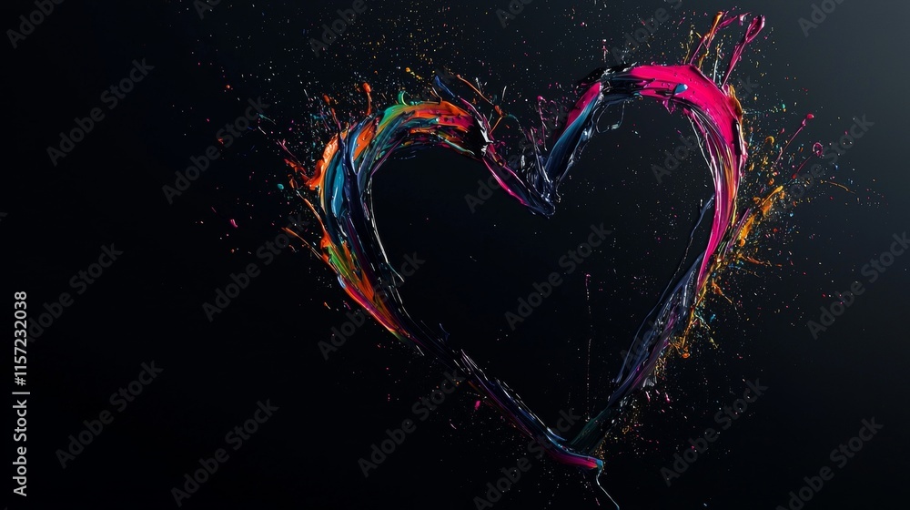 Poster streams of vibrant paint splash and swirl, creating a dynamic heart shape against a dark backdrop, s