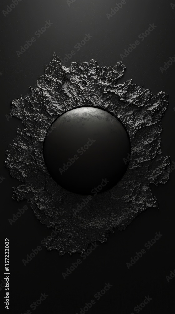 Poster black sphere emerging from a dark matter with a rough texture creating an abstract composition on a 