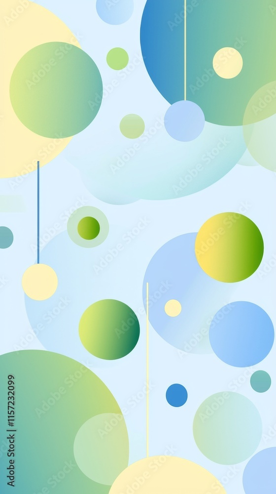 Poster colorful gradient circles of varying sizes hang from delicate strings, creating a playful and vibran