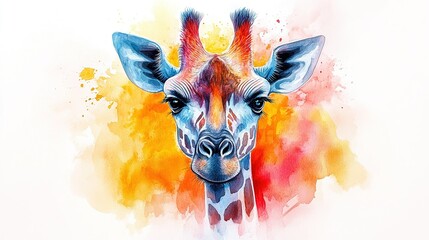 A colorful illustration of a giraffe with a vibrant watercolor background.