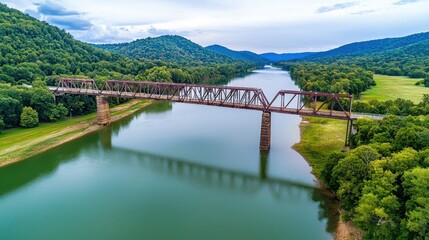 Scenic Train Bridge Crossing Lush Green River Valley Landscape