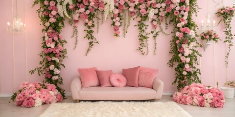 Elegant Modern Sofa Surrounded by Romantic Floral Decoration in Pastel Shades