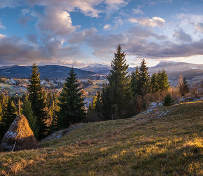 Late autumn mountain pre sunset scene with snow covered tops in far. Picturesque traveling, seasonal, nature and countryside beauty concept scene. Carpathians, Ukraine.
