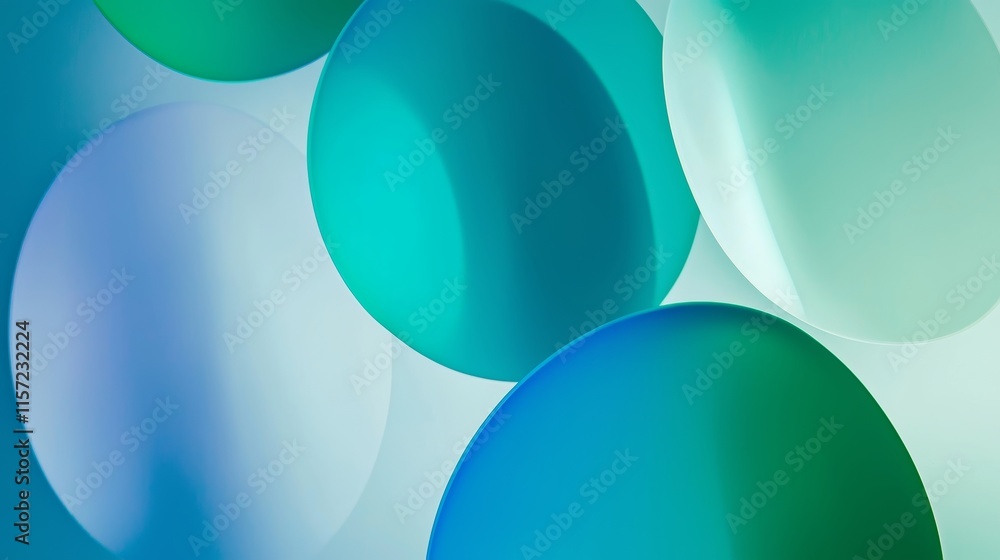 Poster modern abstract background featuring overlapping circles in shades of turquoise and green, creating 