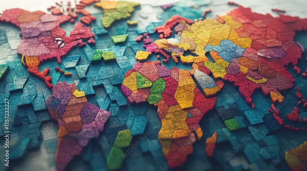Poster a colorful, textured map of the world showcasing vibrant puzzle-like pieces representing different c