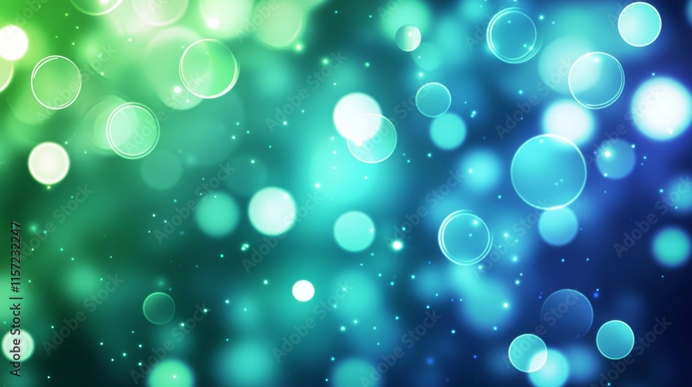 Poster gradient background going from green to blue, filled with many defocused circular bokeh lights and s