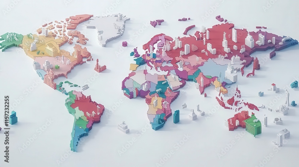 Poster a colorful 3d map of the world, featuring various countries highlighted in different hues and repres