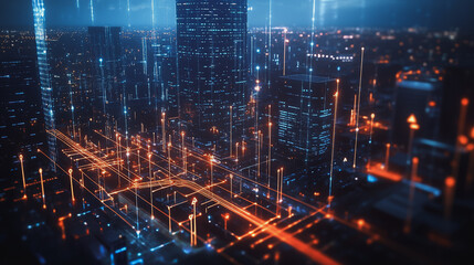 Naklejka premium Smart digital Innovation city with connection network reciprocity over the cityscape. of future smart wireless digital city and social media networking systems that connects people with in city