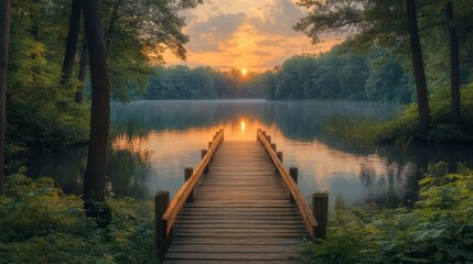 Serene sunrise over calm lake with wooden dock.