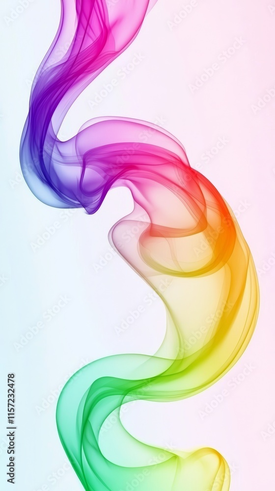 Poster colorful smoke is creating smooth curves and a wavy pattern on a white background, forming an abstra
