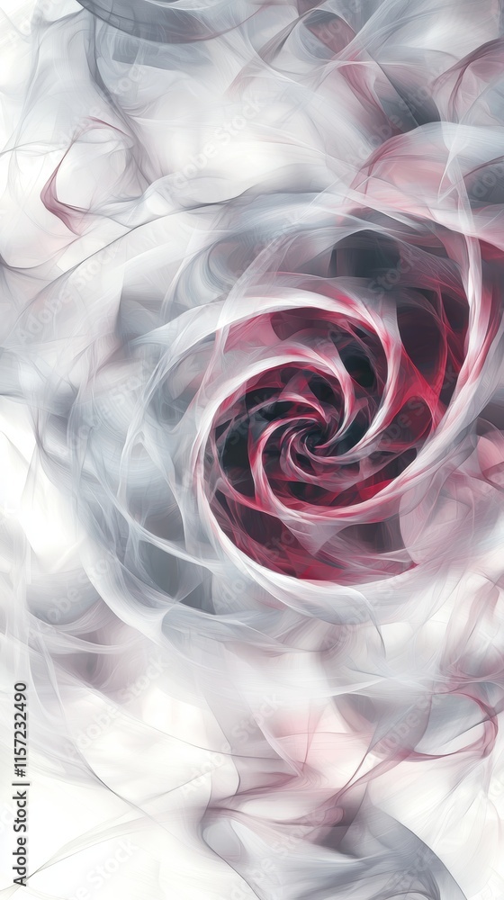 Poster red and grey abstract smoke pattern swirling together, forming a captivating spiral against a white 