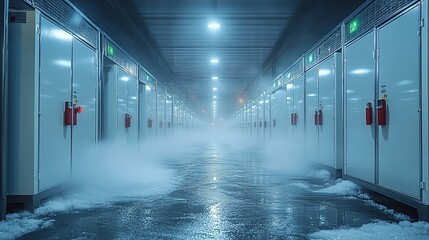 Cold storage facility with rows of refrigerated containers