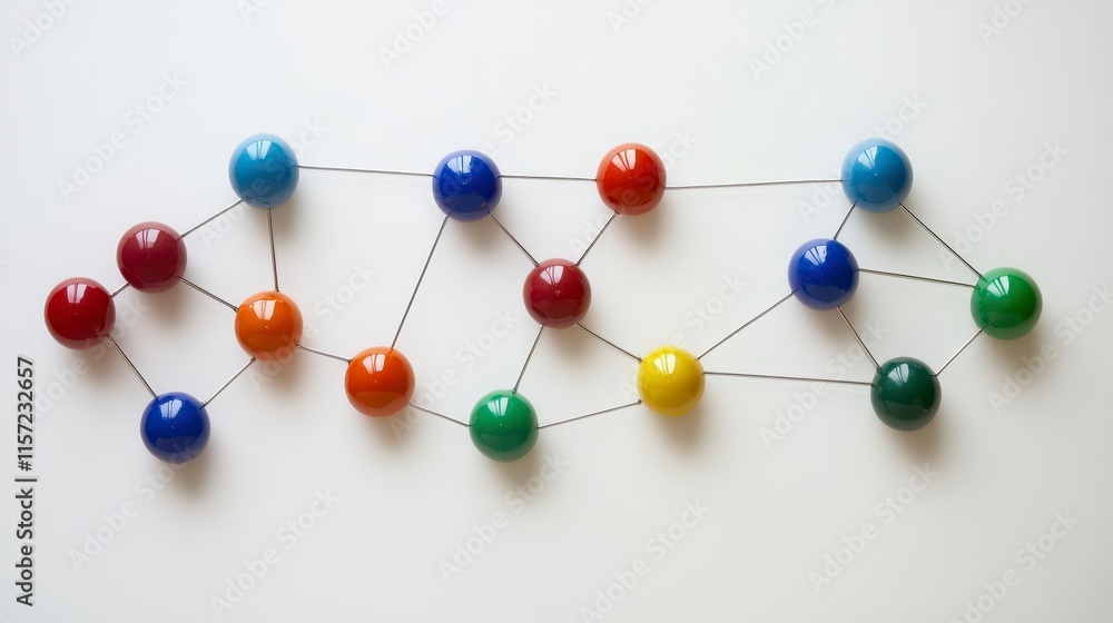 Poster a colorful arrangement of spherical beads connected by wires, forming an abstract pattern on a white