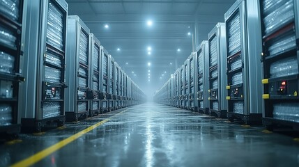 Cold storage facility with rows of refrigerated containers