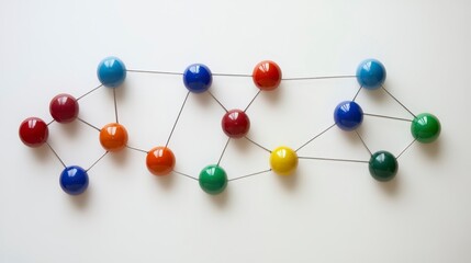 Obraz premium A colorful arrangement of spherical beads connected by wires, forming an abstract pattern on a white background.