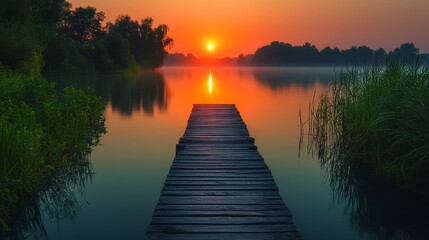 Fototapeta premium Serene sunrise over calm lake with wooden pier.