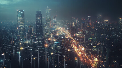 Fototapeta premium Smart digital Innovation city with connection network reciprocity over the cityscape. of future smart wireless digital city and social media networking systems that connects people with in city