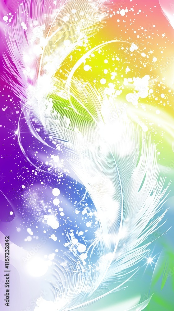 Poster white feathers are softly rotating on a vibrant rainbow gradient background, adorned with sparkling 