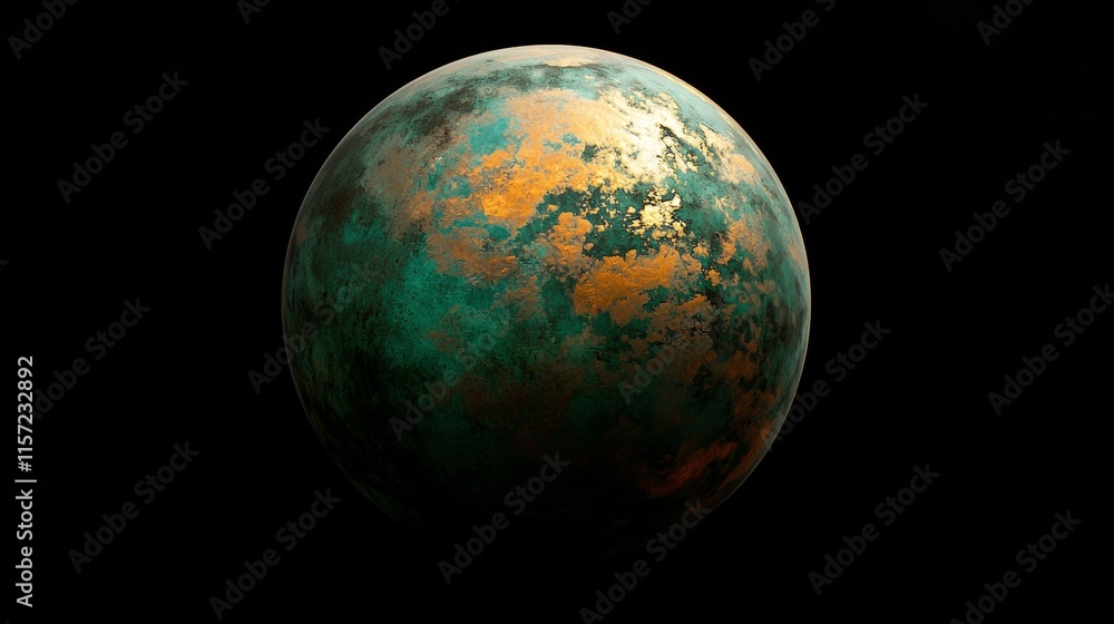 Poster green and gold planet rotating gracefully in the vastness of deep space, creating a captivating cosm