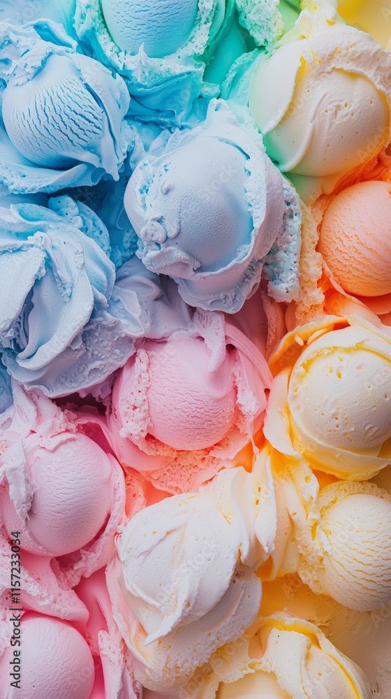 Aufkleber close-up of colorful ice cream scoops arranged in a rainbow pattern, creating a visually appealing d
