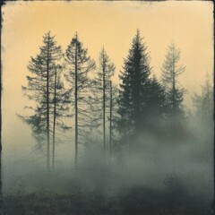 Tall Trees Rise Above a Dense Fog During Early Morning Hours in a Serene Forest Landscape