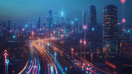Smart digital Innovation city with connection network reciprocity over the cityscape. of future smart wireless digital city and social media networking systems that connects people with in city
