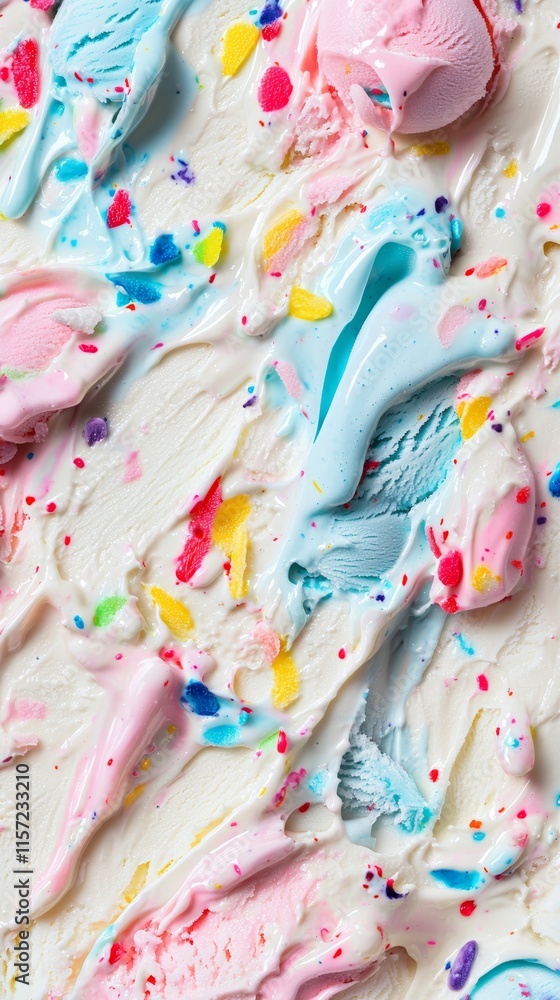 Poster scoops of pink and blue ice cream melting on a white background, creating a vibrant and colorful swi
