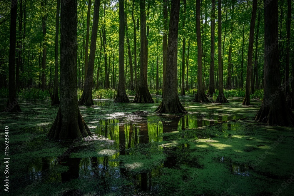 Poster a serene swamp bathed in sunlight, highlighting green trees mirrored in calm waters, offering a tran