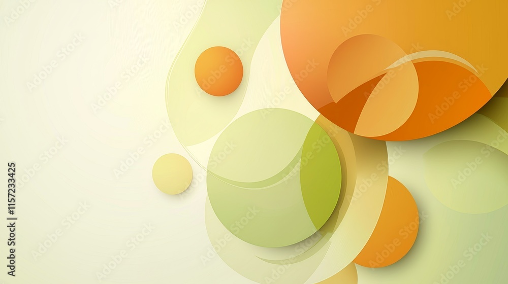 Poster Modern abstract background showing overlapping circles and curved shapes in orange and green colors, creating a dynamic and vibrant composition with subtle shadows and highlights