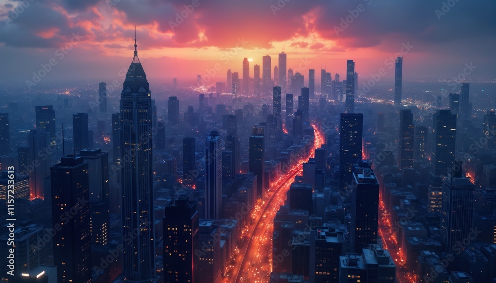 Poster cityscape at twilight. skyscrapers illuminated by network of glowing lights. urban tech infrastructu