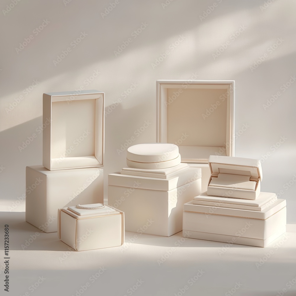 Aufkleber modern minimalist design showcases various geometric-shaped boxes on a soft surface illuminated by n