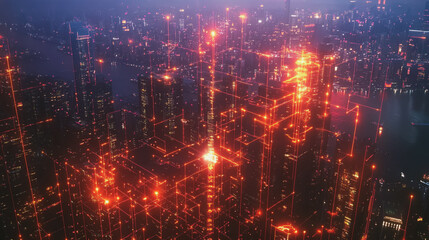 Fototapeta premium Smart digital Innovation city with connection network reciprocity over the cityscape. of future smart wireless digital city and social media networking systems that connects people with in city