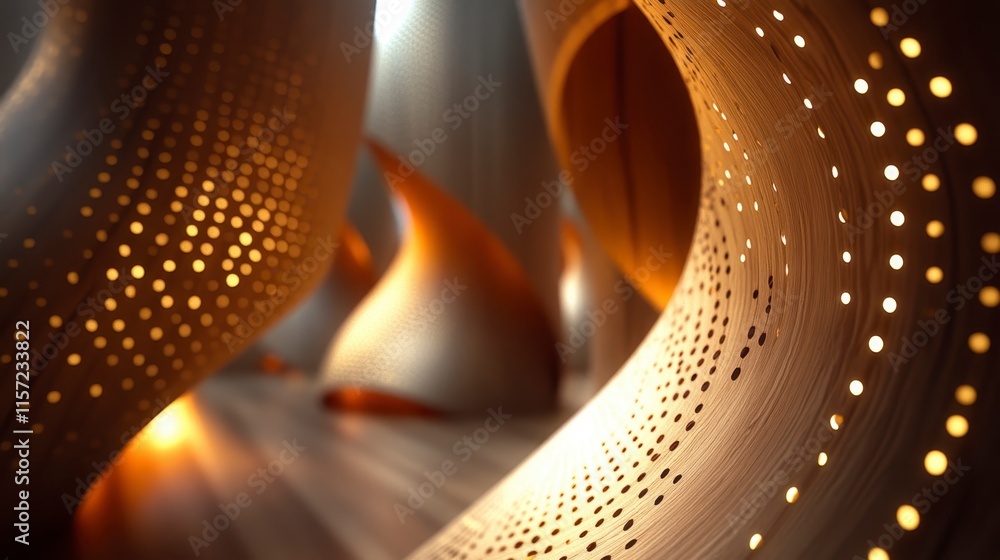 Poster a stunning abstract design featuring warm wooden curves illuminated by soft light, highlighting intr