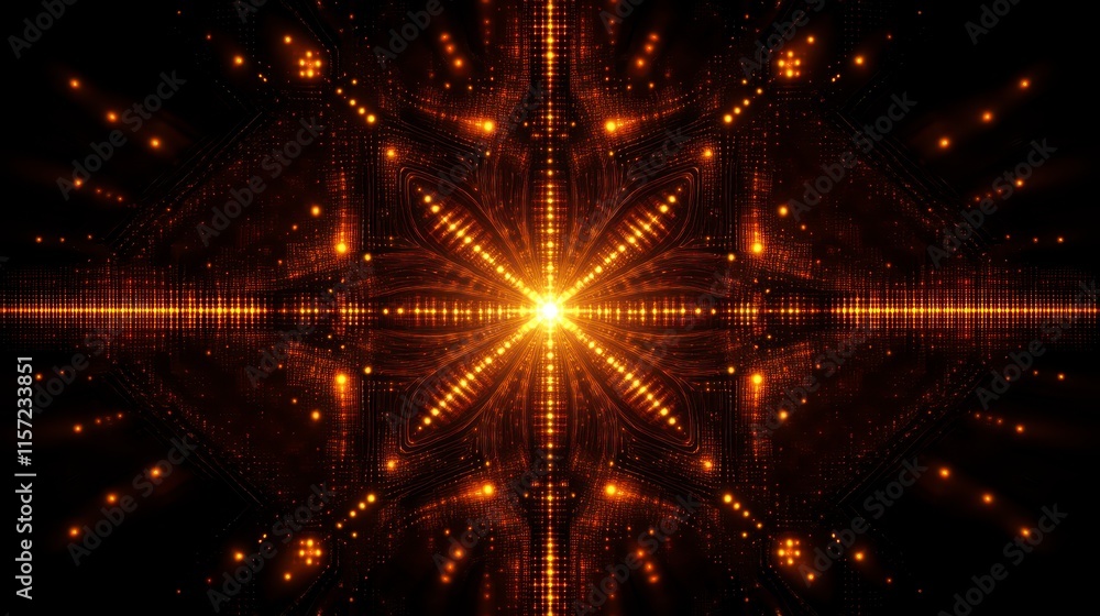 Poster a radiant star-like pattern glimmers in shades of orange against a dark background, creating a mesme