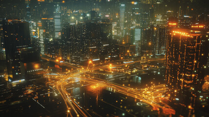 Obraz premium Smart digital Innovation city with connection network reciprocity over the cityscape. of future smart wireless digital city and social media networking systems that connects people with in city