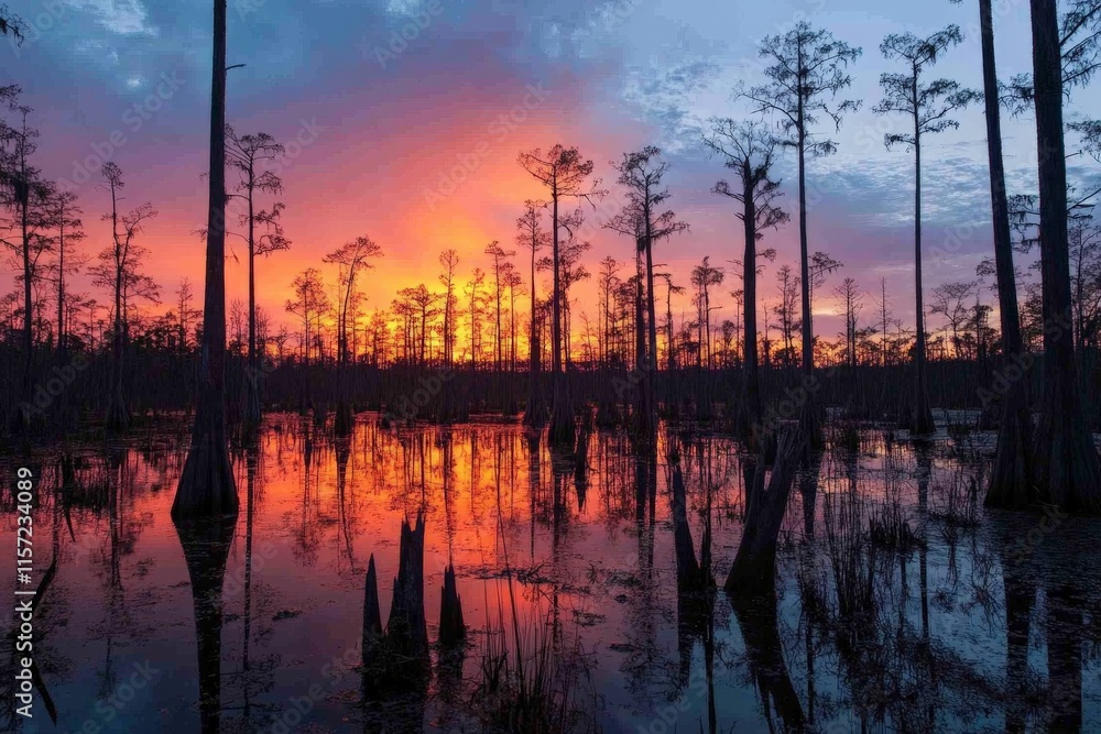 Poster the fiery hues of the sunset light up a calm swamp, with towering trees and cypress knees mirrored o