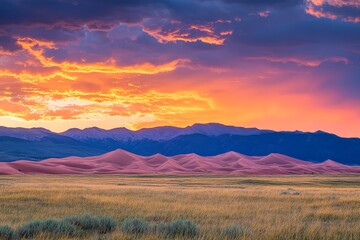 Obraz premium A breathtaking scene featuring an expansive desert landscape with bright orange sand dunes and a dramatic sunset sky, casting stunning colors on the horizon.